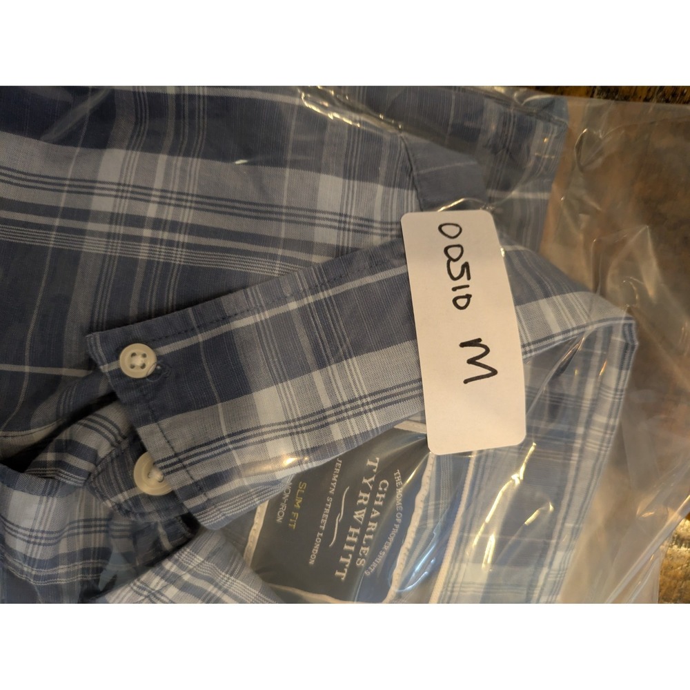 Charles Tyrwhitt Shirt Men's Large Slim Fit Blue Plaid Long Sleeve Button Down - Picture 10 of 10